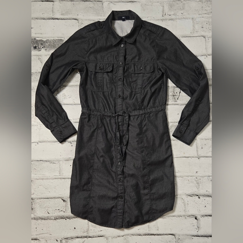 GAP Charcoal Shirt Dress Button Down Tie Waist XS - Picture 6 of 12